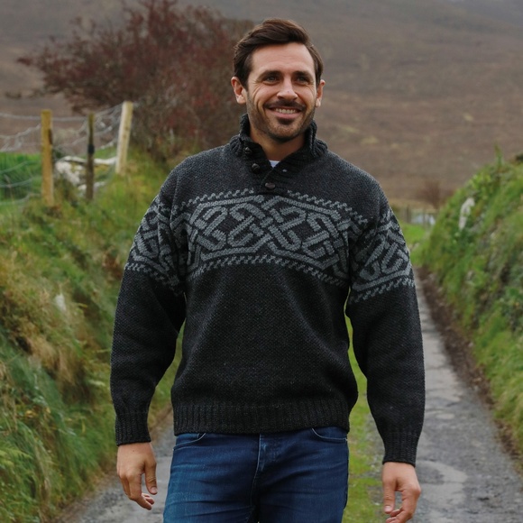 New Tags Aran Wool Button Neck Celtic Knot Sweater Gray Made in Ireland - Picture 2 of 7